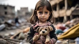 palestinian little girl holding her toy with tears and Destroyed buildings in the background