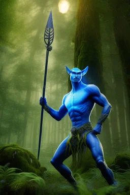 portriate of a na'vi avatar blue alien warrior, holding a spear, in the forest, volumetric lighting, particals, intricate detail, photo realistc, close up