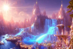  white and gold crystal cosmic ambiance，waterfall, full of details, smooth, bright sunshine，soft light atmosphere, light effect，vaporwave colorful, concept art, smooth, extremely sharp detail, finely tuned detail, ultra high definition, 8 k, unreal engine 5, ultra sharp focus