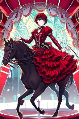 Ragazza vestita in stile Lolita rosso che cavalca un cavallo del Carosello, disegnata in stile Persona 5