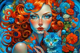 A surreal portrait of a woman with large, expressive blue eyes and red lips, with her hair adorned with swirling patterns in a kaleidoscope of bright colors including oranges, blues, and greens, resembling candy-like curls and abstract floral elements. She is gently holding a small siamese cat with glossy tawny fur. The background is a continuation of the swirling, dreamlike patterns that complement the colors found in the woman's hair, creating an overall fantastical and harmonious composition