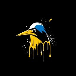 minimalistic logo of a scary white, blue and yellow small beak bird, dripping blood over black background