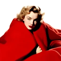 Pulp fiction style, A photograph of norma jeane baker , red blanket, white background