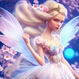 cute fantasy fairy with transparent wings, smiling, blue eyes, long platinum blond hair with crown and flowers, pink dress, unreal engine