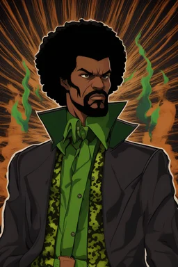 70s Blaxpliotation Man In A black dynamite like outfit With Green Flaming Salamander Powers ,Hunter X Hunter Style,Jojo Style,Street Fighter Style,Mortal Kombat Style, Tekken Style, King Of Fighters Style,Killer Instinct Style,Rap Fashion Style,Adult Swim Style,League Of Legends Style, Todd Mcfarlane Style,Guillermo Del Toro Style,Mike Mignola Style,Toonami Style, Vhs Style,No More Heros Style,Frank Miller Style,Mad World Style