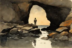 Night, rocks, cliffs, puddle, mountains, sci-fi, fantasy, very epic, winslow homer watercolor paintings