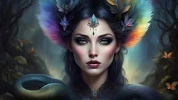 Ultra detailed digital art masterpiece , face portrait, beautiful misterios dark fairy elve, a snake with glowing rainbow fur next to her, in a dream land, Tom Bagshaw, Anne Bachelier, mixed with dark elements, splash art, dark environment , very dark night , clean silky fairy clothing , no make up, natural face, abstract , big shiny eyes, ultra detailed atmospheric details, beautiful glowing effects , sparkle effects , realistic body proportions, beautiful face proportions, complex masterpiece,