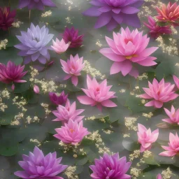 one big crystal subtle lotus in a flowery ambiance with a beautiful fairy, delicate colors, finely tuned detail, ultra high definition, 8 k, unreal engine 5, ultra sharp focus