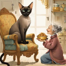 A whimsical, humorous, colored illustration depicting a haughty siamese cat sitting on an elegant, upholstered chair. A woman with unkempt grey hair kneels humbly in front of the kitchen chair and holds out a golden food filled bowl to the cat. Style by Quentin Blake and Beatrix Potter