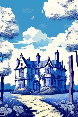 Disused, Victorian Manor House, Blue Sky, Over-Grown Fields, Vector Art