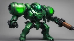 green futuristic juggernaut with dual plasma battle axe and 4 plasma canon in the back