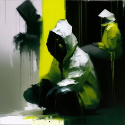 Minimal contemporary abstract oil paintings close up person wearing hazmat suit limbs sinew and concrete fragments illuminated at night style of Justin Mortimer And Francis bacon And ashley wood