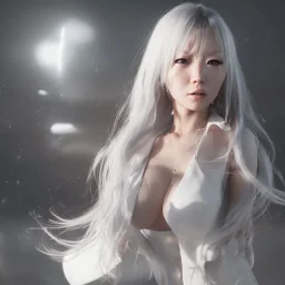 hitomi tanaka, dress white, long black hair, realistic, intriacte detail, sci-fi fantasy style, volumetric lighting, particales,highly detailed,cinamatic, deep colours,8k