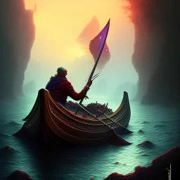 Charon in his boat on the river Styx, red black purple colours, 8k, high definition, fantasy art, winding river, sharp jagged rocks, high contrast colours, sharp colours