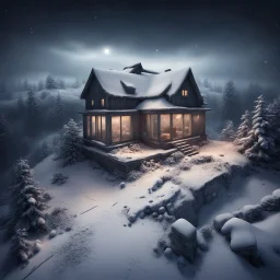 Hyper Realistic areal view of an abandoned house on the top of a mountain at heavy snowfall night