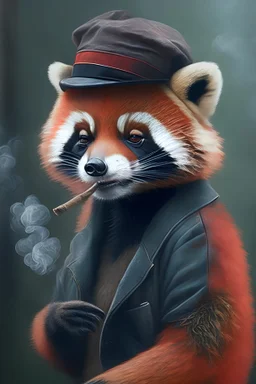 realistic red panda smoking a cigarette and wearing a flat cap in peaky blinders style