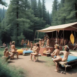 a nudist camp in the 70s, with a psychedelic twist. Imagine a groovy commune nestled in the heart of nature, where people roam freely in their natural state, adorned with vibrant flower crowns and bell-bottoms. The air is filled with the scent of incense and freedom, as the sun-kissed bodies dance to the tunes of rock 'n' roll echoing through the trees.