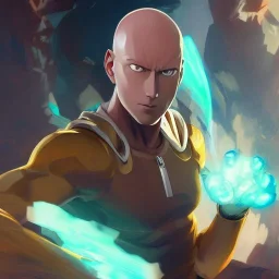 Portrait of one punch man, 8k resolution concept art portrait by Greg Rutkowski, Artgerm, WLOP, Alphonse Mucha dynamic lighting hyperdetailed intricately detailed Splash art trending on Artstation triadic colors Unreal Engine 5 volumetric lighting, mappa studios