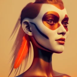 A beautiful portrait of a cute cyborg woman orange color scheme, high key lighting, volumetric light high details with white stripes and feathers and indian paterns and wimgs