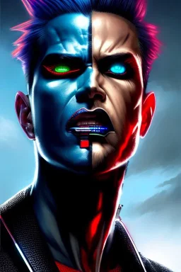 hiper realista, hiper detalhado, retrato de corpo inteiro, no estilo cyberpunk, de um homem incrivelmente bonito com implantes biônicos, cabelos espetados azuis, olhos vermelhos brilhantes, maquiagem escura, batom preto, arte de greg rutkowski, artgerm, wlop, rossdraws, boris vallejo