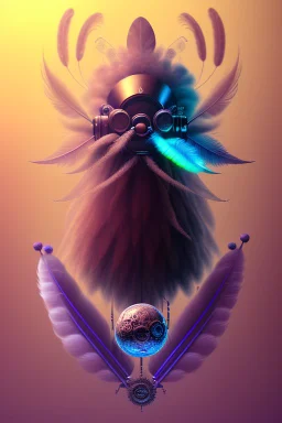 bearded man head with feathers, spheres, cubes, gears, clocks, engine parts, exhaust pipes, fur, peacock feathers, mechanism, in the style of Android Jones, gradient, bioluminescent, rococo, photorealistic, intricate details, 8k, purple and gold, digital painting, top light, illustration, trending on artstation