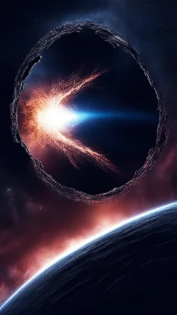 Intense cold dark blue Hole explosion in deep space. Hole apocalypse wipes out Universe. Cold blue cloudy hole collision explodes in outer space.a shape of devilish dark body with hood in the hole like sucked in side Epic galaxy with growing black hole. Thin line draw, Cinematic interstellar