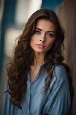 Portrait of a pretty18 year old girl with long wavy chocolate brown hair, draped over one shoulder. Blue eyes. Wearing an oversized shirt