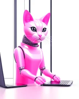 Soft Pink cat robot working on a smartphone, office background