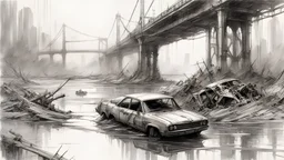 a bridge over a river filled with the skeletons of cars, post-apocalypse,, thick black pencil, by Raymond Swanland