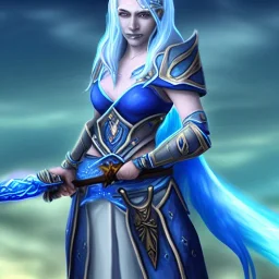 [Sea Elf] [Maormer] Hero Queen with [white hair] and [blue skin] wielding a blue glass gretsword on a ship with crew [fantasy] [realism] [Elder scrolls]