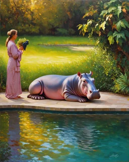 Oil painting inspired by the style of Maxfield Parrish. A hippo, draped in voluminous, flowing robes, relaxes peacefully by a reflective pool surrounded by lush greenery and soft, golden light. She gazes contentedly at her surroundings, with a calm, serene expression. A companion holds a cluster of grapes, enhancing the tranquil and luxurious setting. The scene has a dreamlike, painterly quality with warm, harmonious colors and intricate textures in the landscape and robes.