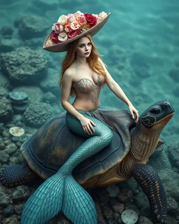 best angle photoshoot full body beautiful Mermaid sitting on biggest turtle,she wearing luxurious shimmer hat large made from borroque elements flowers sea, sea shore.Sony Alpha 7 50mm realistic photography