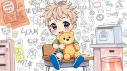 detailed digital art style, cute anime, detailed chibi face with smile, sitting on school desk in hand a bear toy, in colorful t-shirt and short paint and blue shooes, , messy hair random drawing background, child book style, highly detailed, no photorealism