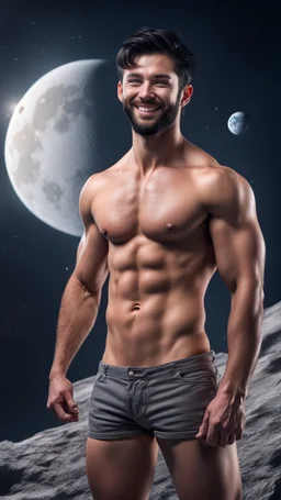 Hyper Realistic Shirtless Muscular Young Handsome man with beard & short black hair & red eyes on moon smiling in outer space