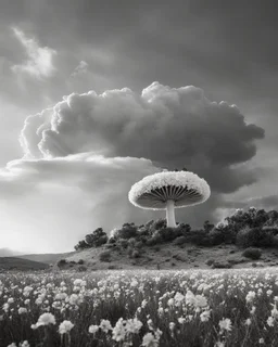 ULTRA REALISTIC, B&W Photograph, A mushroom cloud made of WHITE FLOWERS, in the distance in the desert, at Golden Hour, cinematic, cinematic shot, dynamic composition, details, intricate detail, professional lighting, film lighting, 35mm, anamorphic, lightroom, cinematography, bokeh, lens flare, film grain, hdr10, 8k, Roger Deakins, incredibly detailed, reflect, sharpen