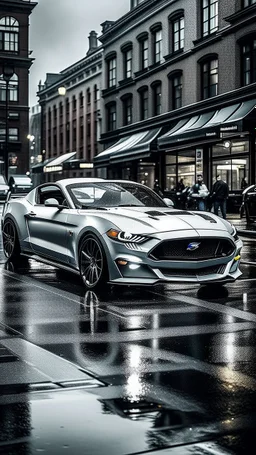 A white mustang GT convertible car as a soul, rain, dark, apart parked in crowded city street