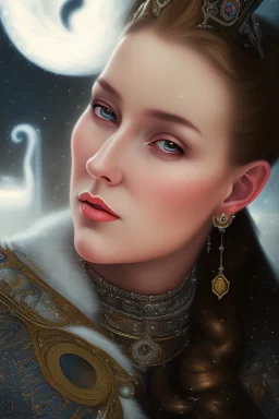 Historic portrait painting of a 42 year old princess in a luxurious library with large mansion windows behind
