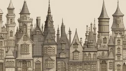 A highly detailed front elevation line drawing of a row of fantasy houses of different heights with tall chimneys, rooms and floors added to sides and roofs, like Harry Potter's Diagon Alley, inspired by Moebius