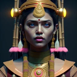 Indian woman, rounded face, blood, black, flower, leaves, samurai helmet, decorative color feathers, retro, bamboo, leather, soft color, highly detailed, art stations, concept art, smooth, unreal engine 5, god rays, ray tracing, RTX, lumen lighting, ultra detail, volumetric lighting, 3d, finely drawn, high definition, high resolution.