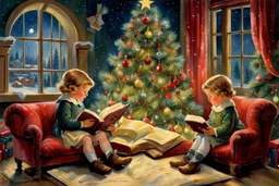 a painting of two children reading a book in front of a christmas tree, by Ernest William Christmas, cosy enchanted scene, vintage art, painting, storybook art, by Bob Byerley, by Jane Kelly, childrens illustrated storybook, christmas lights, christmas night, thomas kinkade painting, a storybook illustration, vintage postcard, children's storybook, nostalgic style