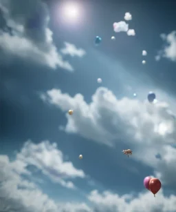 Ultra realistic speed clouds sky scene, wide angle view, strong men falling down with many Childs background, circus clothing style, feather color clothing, free jumping flying, many trinkets, hair monster, many jelly beans, balls, color smoke, smile, happy, extreme, wind, clouds sea, 20,000 feet altitude, stratosphere, soft color, highly detailed, unreal engine 5, ray tracing, RTX, lumen lighting, ultra detail, volumetric lighting, 3d, finely drawn, high definition, high resolution.