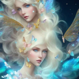 bright fairy, beautiful portrait, blond hair,blue eyes, flowery luminous pastel colors, butterfly