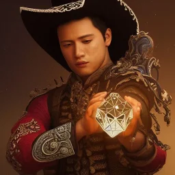 Insanely detailed photograph of an “male mariachi warrior holding glowing D20” with intricate detailed Sombrero, intricate charo, hyperdetailed painting by Ismail Inceoglu Huang Guangjian and Dan Witz CGSociety ZBrush Central fantasy art album cover art,8K, hdr, mysterious, flickeringlights ,Stoic