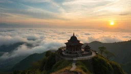 A quiet, ancient temple on a mountainside at sunrise, surrounded by clouds and overlooking a peaceful valley. Photographic quality and detail, award-winning image, beautiful composition.