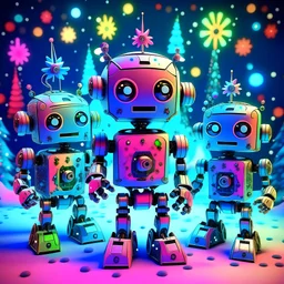 happy Christmas from the robots, Christmas robots , retro style adorable, holding A Christmas NFT , surrealist pixelcore, elements: blockchain snowflakes ❄️, crystal ice blocks,, areas of micro pixelation, , 3d wire code symbols, glass iridescent Christmas decorations and glass filaments, pearlescent filigree Christmas symbols, iridescent sheen, gloss, shiny,