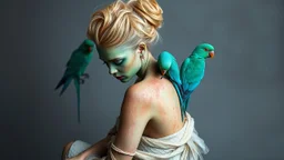 A mystical, ethereal portrait of a woman with luminous green skin, adorned with four vibrant teal parrots perched on her shoulders and back. Her hair is styled in a complex, blonde updo. She is seated, with her head bowed in a pensive posture, her body wrapped in a flowing, textured garment that resembles delicate, organic fibers or scales. The skin has a slightly mottled, almost reptilian texture with hints of coppery undertones, suggesting a connection to nature or otherworldly origins. Her bo