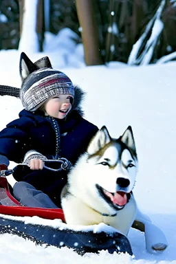 niño y niña viajan en un trineo tirado por un husky