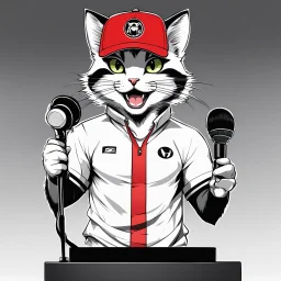 a drawing of a manga cat man with a sports cap and shirt, speaking at a (((lectern))) with a microphone, red, white and black colors, cat white and black colors, (((smiling cat))), microphone in one hand