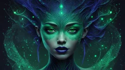 6 feet, with a slender and graceful figure. skin is a mesmerizing blend of deep, dark, reminiscent of a moonlit forest.midnight blue, emerald green, and deep purple. The skin is intricate patterns that resemble constellations, eyes are large, glowing with an eerie, phosphorescent light.a piercing shade of neon green,aura.face is framed by long, flowing tendrils of bioluminescent hair, reminiscent of glowing jellyfish tentacles.