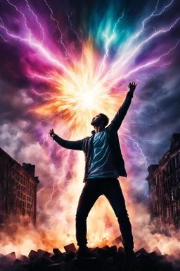 Young man standing, with arms raised with lightening coming from them, in front of an exploding building at night, with coloured auras around him